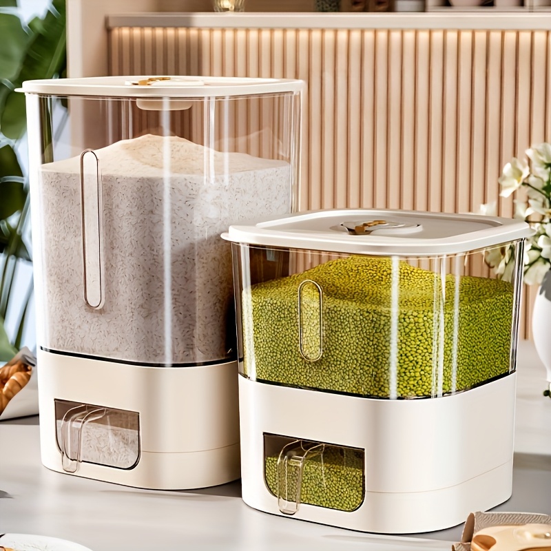 Kitchen Gadgets Organizer - ตู้จ่ายข้าวสารขนาด 14 ปอนด์, ภาชนะเก็บธัญพืชขนาดใหญ่พร้อมฝาปิดและถ้วยตวง, ถังจ่ายธัญพืชสำหรับครัว, สำหรับเก็บถั่วเหลือง