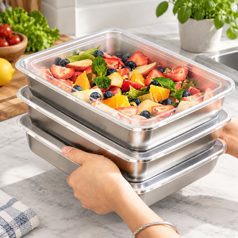 Kitchen Gadgets Organizer - ชุดกล่องเก็บอาหารสแตนเลส 3 ชิ้น พร้อมฝาปิดใส ป้องกันการรั่วซึม เหมาะสำหรับใช้ในครัวและกิจกรรมตั้งแคมป์กลางแจ้ง