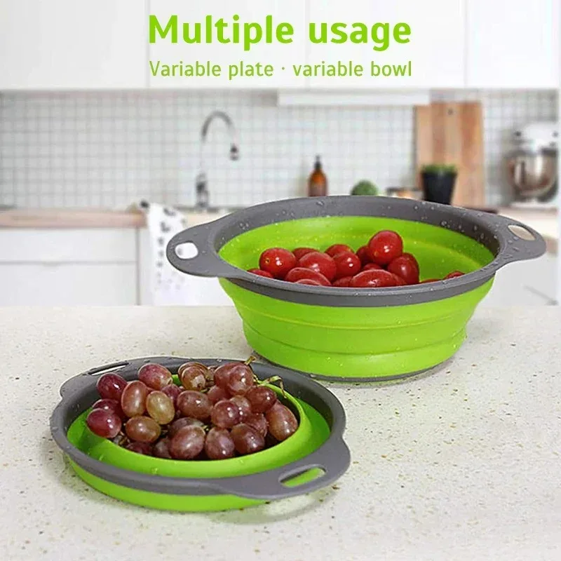 Kitchen Gadgets Organizer - ตะกร้ากรองซิลิโคนแบบพับได้ 1 ชิ้น ใช้สำหรับกรองผักและผลไม้ ประหยัดพื้นที่ในครัว อุปกรณ์เสริมสำหรับจัดเก็บ